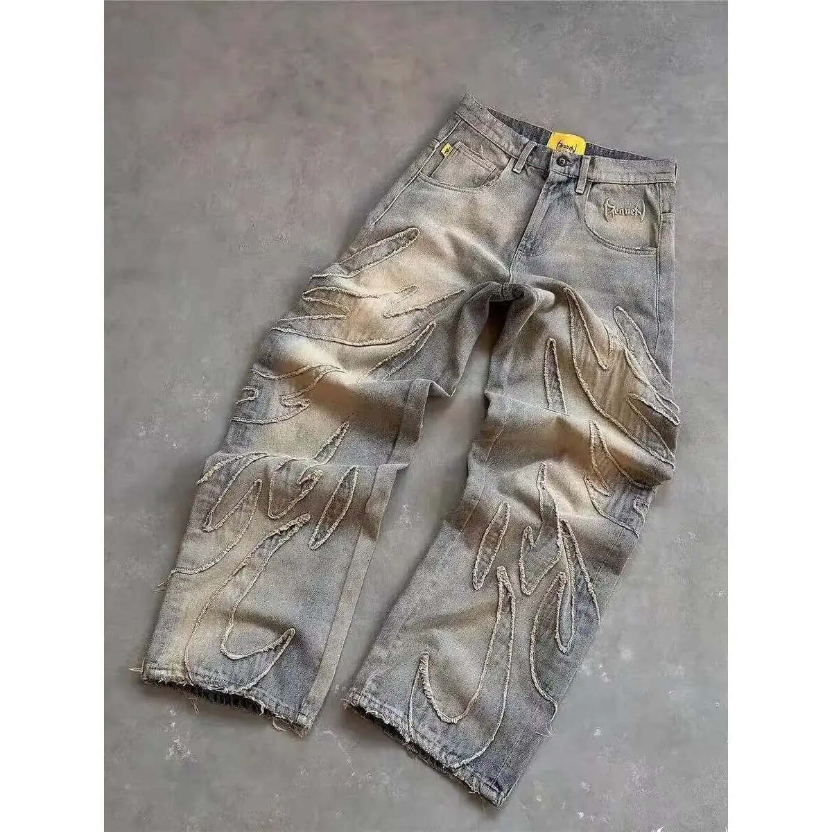 Men's High Cotton Flame Patchwork Baggy Jeans, Raw Edge Frayed Vintage Washed Wide Leg Denim Pants, Casual Streetwear Oversized Loose Fit Denim Jeans for Men