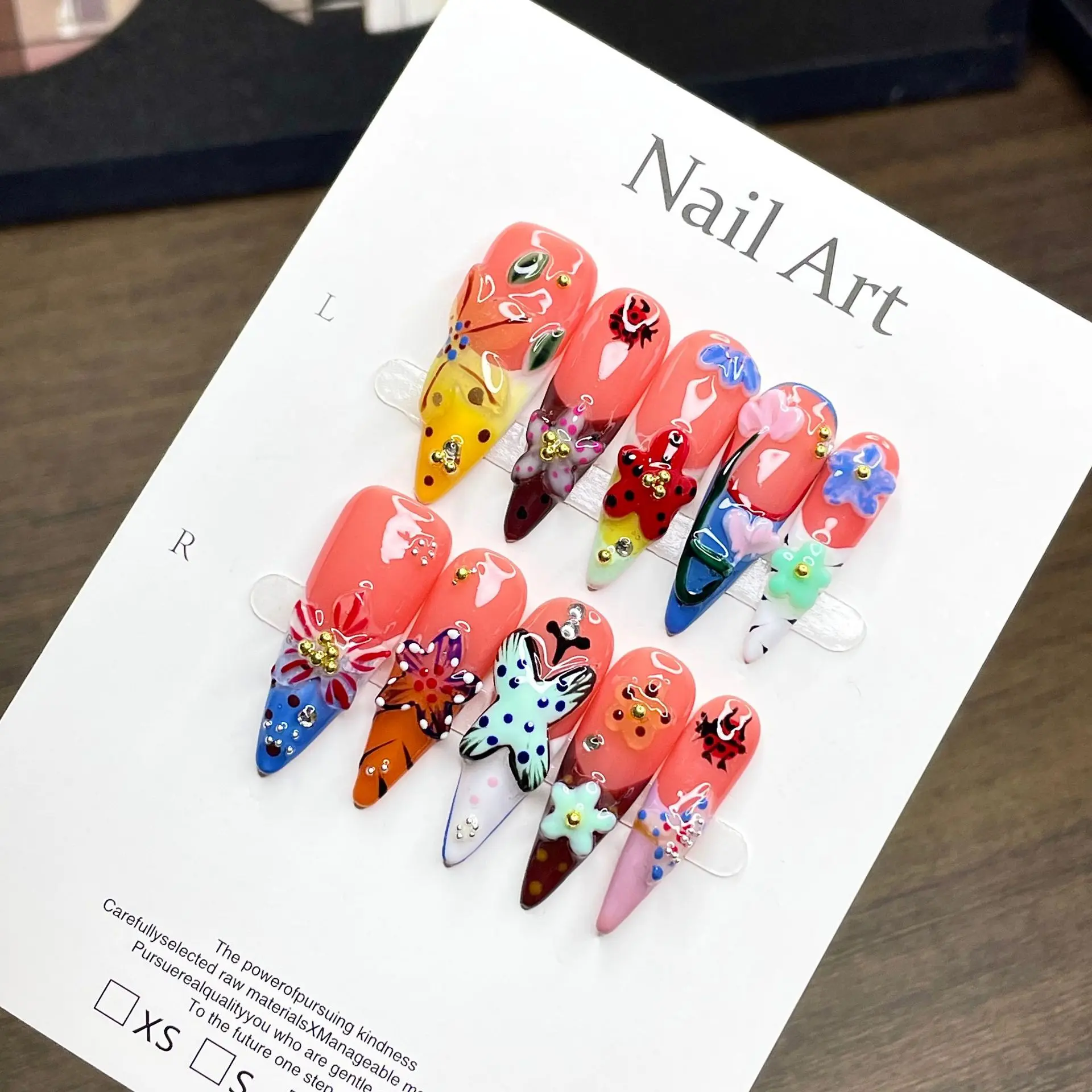 Atelier Handmade Y2K Tropical Butterfly Ladybug Press On Nails Long Stiletto Multicolor Polka Dot Gradient 3D Flower Gold Bead Charms Fun Kawaii Summer Alt Aesthetic Glossy Reusable Vacation False Pressons