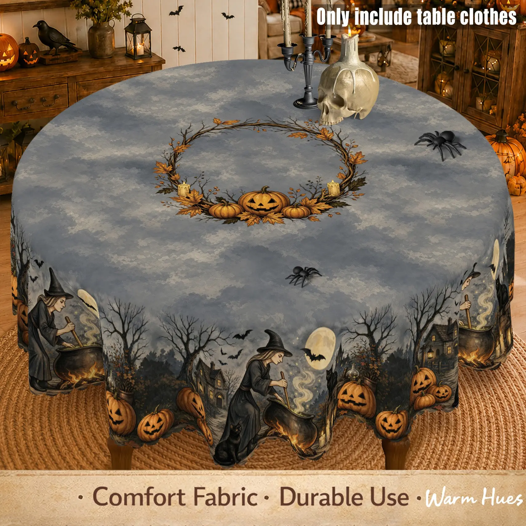 Vintage Halloween Witch Rectangular Tablecloth, Features Witch Cauldron, Cat, Pumpkin Lantern, Full Moon, Bat, Perfect for Halloween Decorations