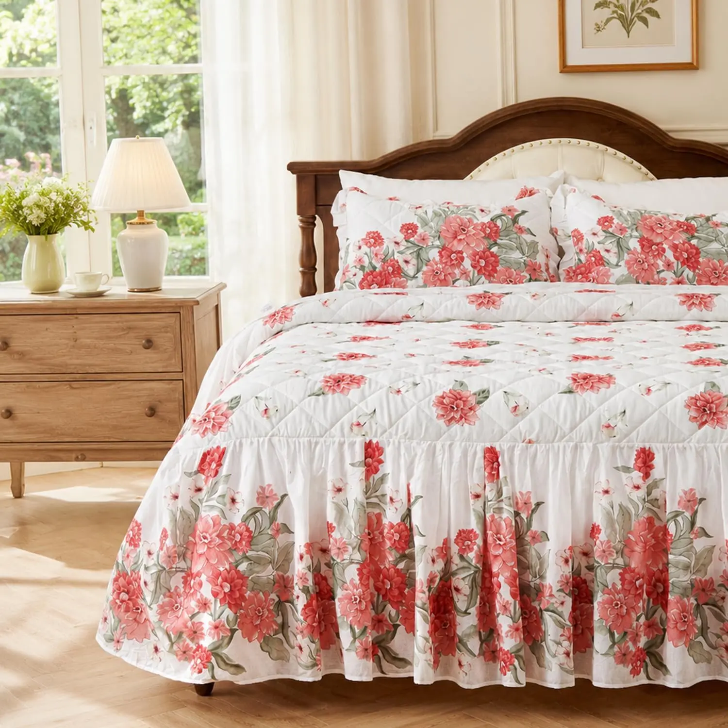 Ruffle Bed Skirt Queen Size Bedspread Set, Red Floral 100% Cotton Bedding Set with Pillow Sham, Dust Ruffle Bed Skirt Queen Size, Soft Lightweight Coverlet Bedspread, 3 Piece (Queen, 60" x 80")