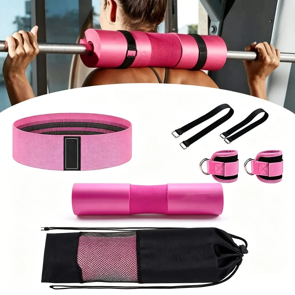 Foam Barbell Squat Pad Set (1-Piece/5-Piece Options) with Straps & Fastening Devices, Shoulder & Neck Protector, Gym Fitness Training Accessory for Men & Women (Ideal for Squats, Hip Thrusts), Unisex, Adjustable