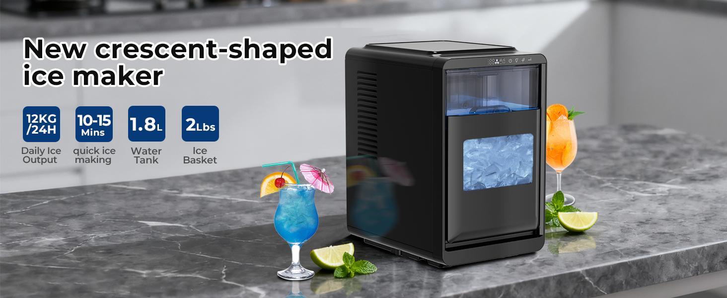 Kismile Crescent-Shaped Ice Maker Countertop, Self-Cleaning Portable Ice Machine with LED Display, Fast Ice Making for Seafood/Home/Office/Bar