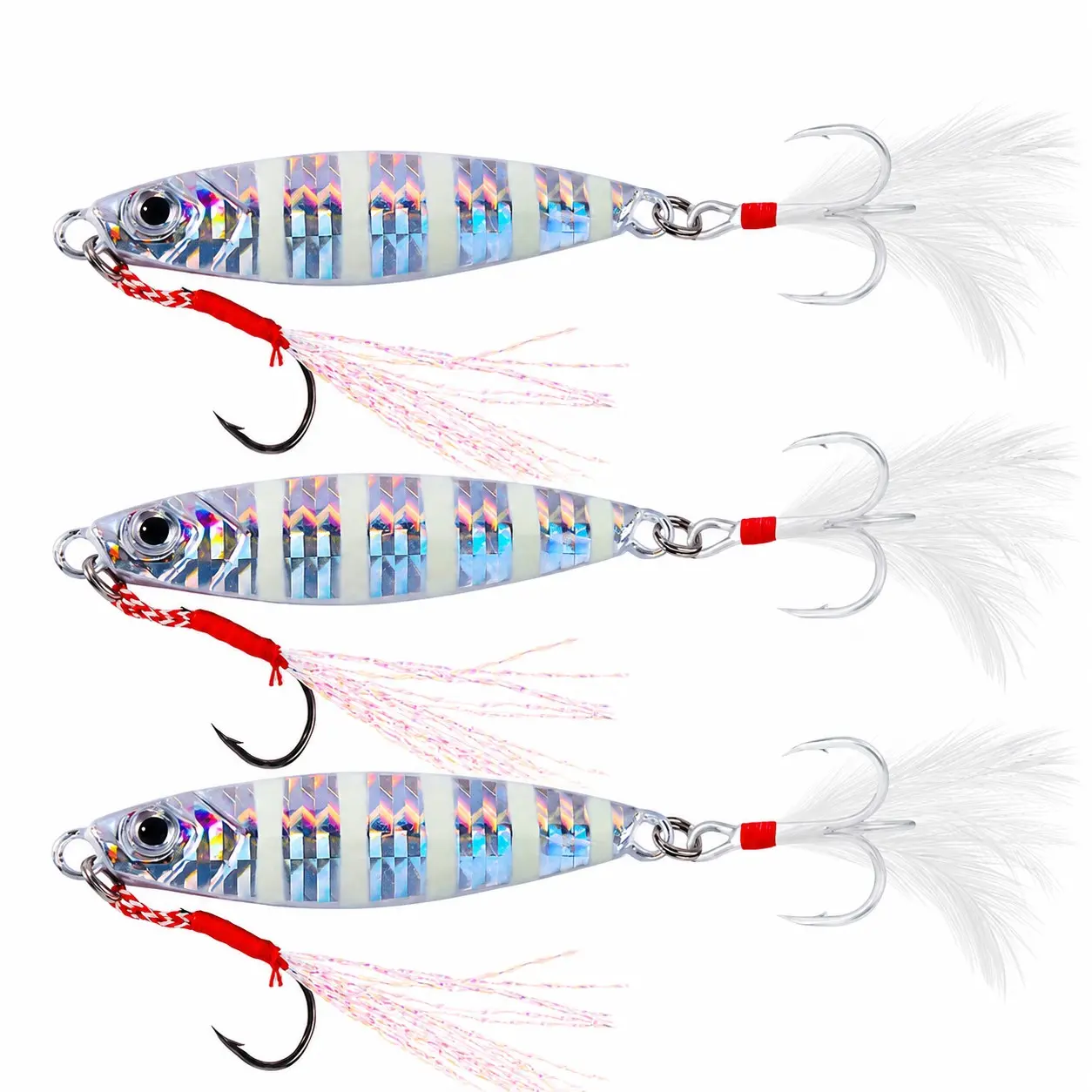 3PCS Saltwater Metal Jig Lures Set, Reflective Glow Fishing Baits with Feather Treble Hooks for Tuna Bass, Available in 25g 30g 40g 60g, Fishing Tackle, Fishing Gear