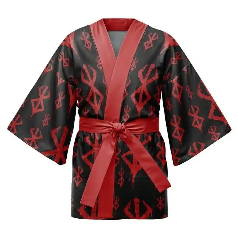 2026 New Pattern Men's Black and Red Gradient Japanese Outdoor Kimono