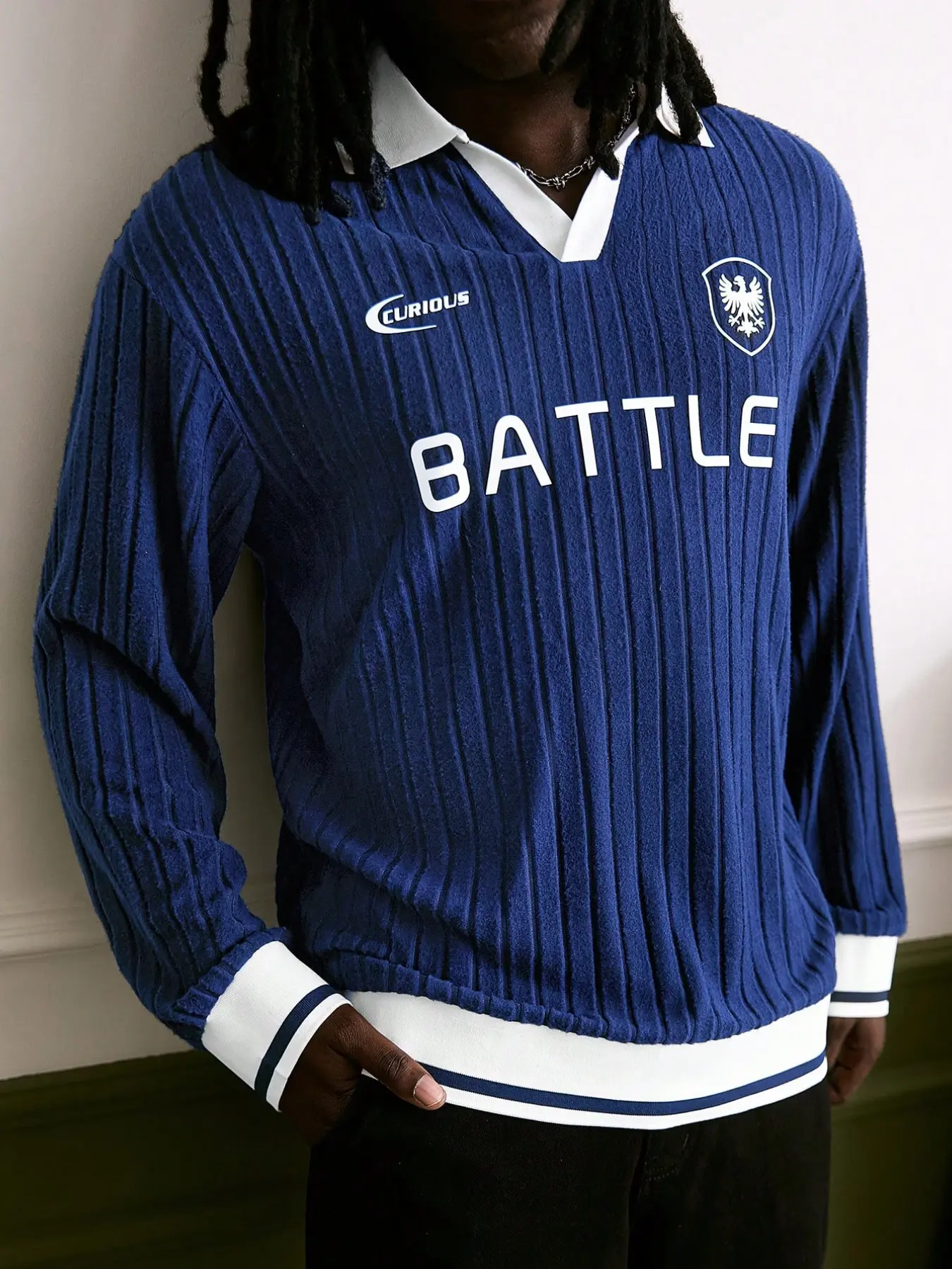 Men's Vintage Football Style Long Sleeve Polo Shirt, Patchwork Letter Pattern, Fitted Knit Top, All-Season Casual Wear, Knitted Polo Shirt
