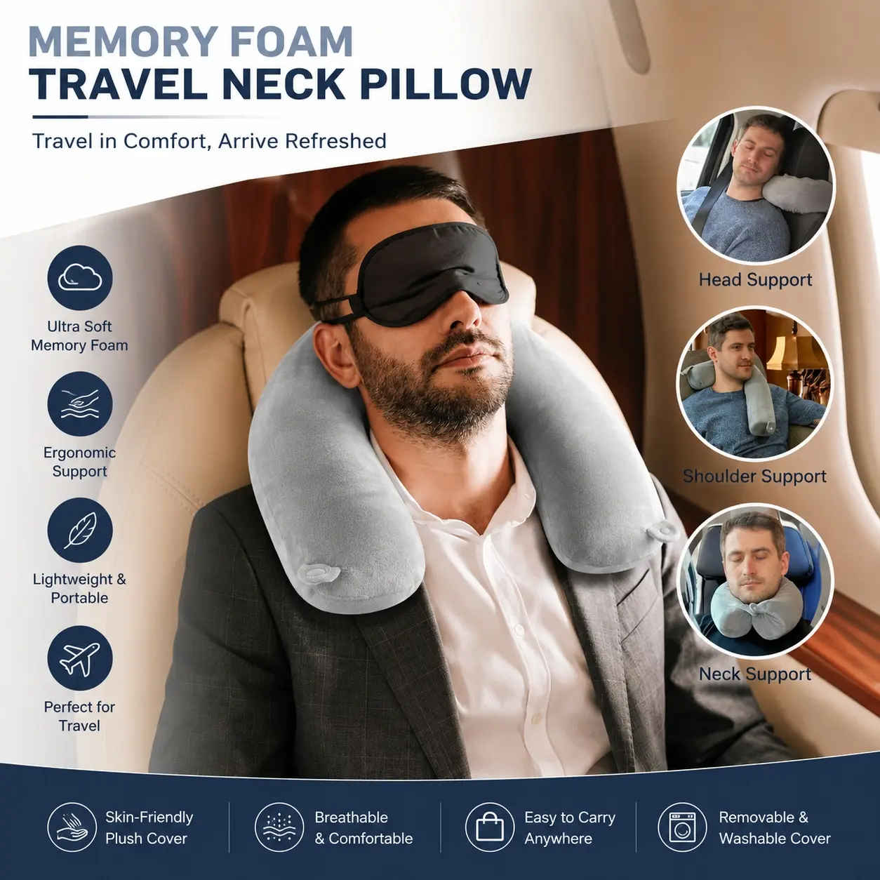 Adjustable Memory Foam Travel Neck Pillow, Roll-Up Chin Support Pillow for Airplane, Car, Train & Office, Ergonomic Neck & Lumbar Support Cushion for Sleeping, Napping & Long Trips