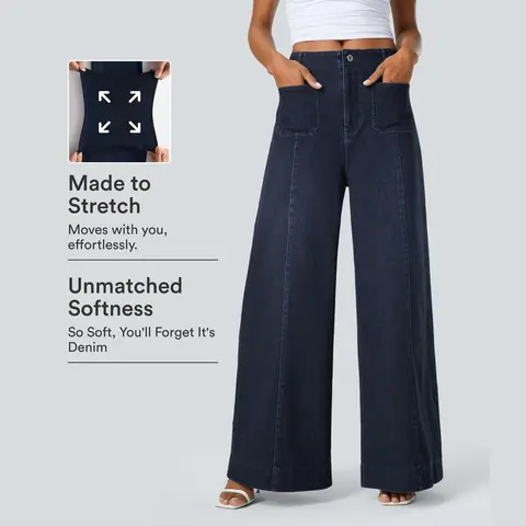Halara Flex™ High Waisted Pockets Washed Casual Wide Leg Jeans