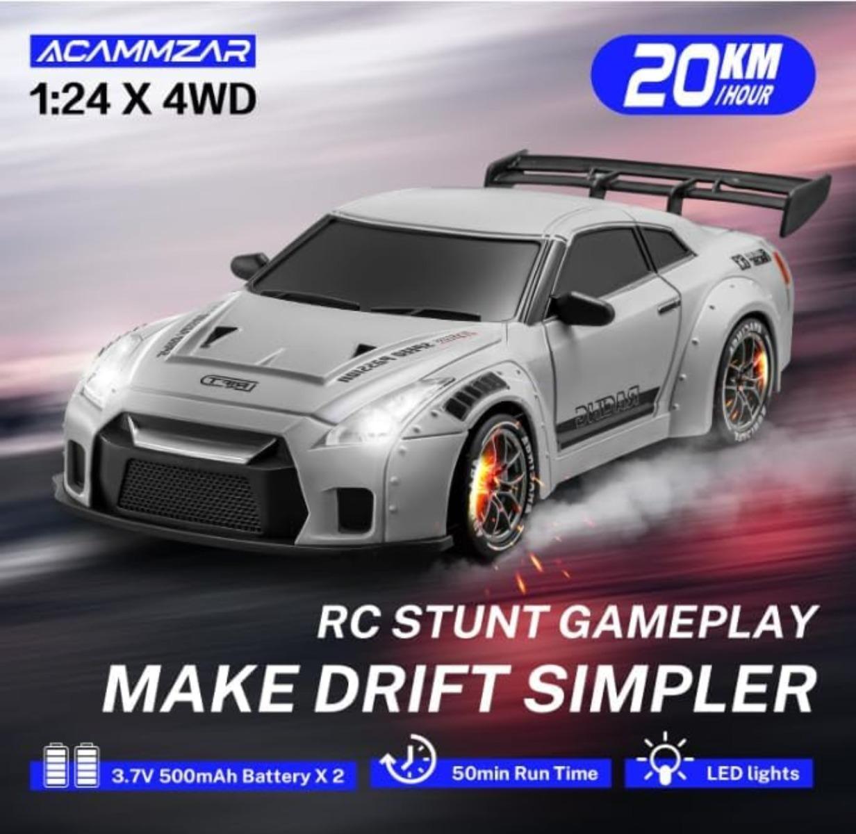 Remote control drift car, 1:24 ratio remote control car, with LED lights, 2.4GHz 20KM/H four-wheel drive high-speed remote control car, drift tires. Birthday and Easter gifts for boys and girls. Suitable for family parties