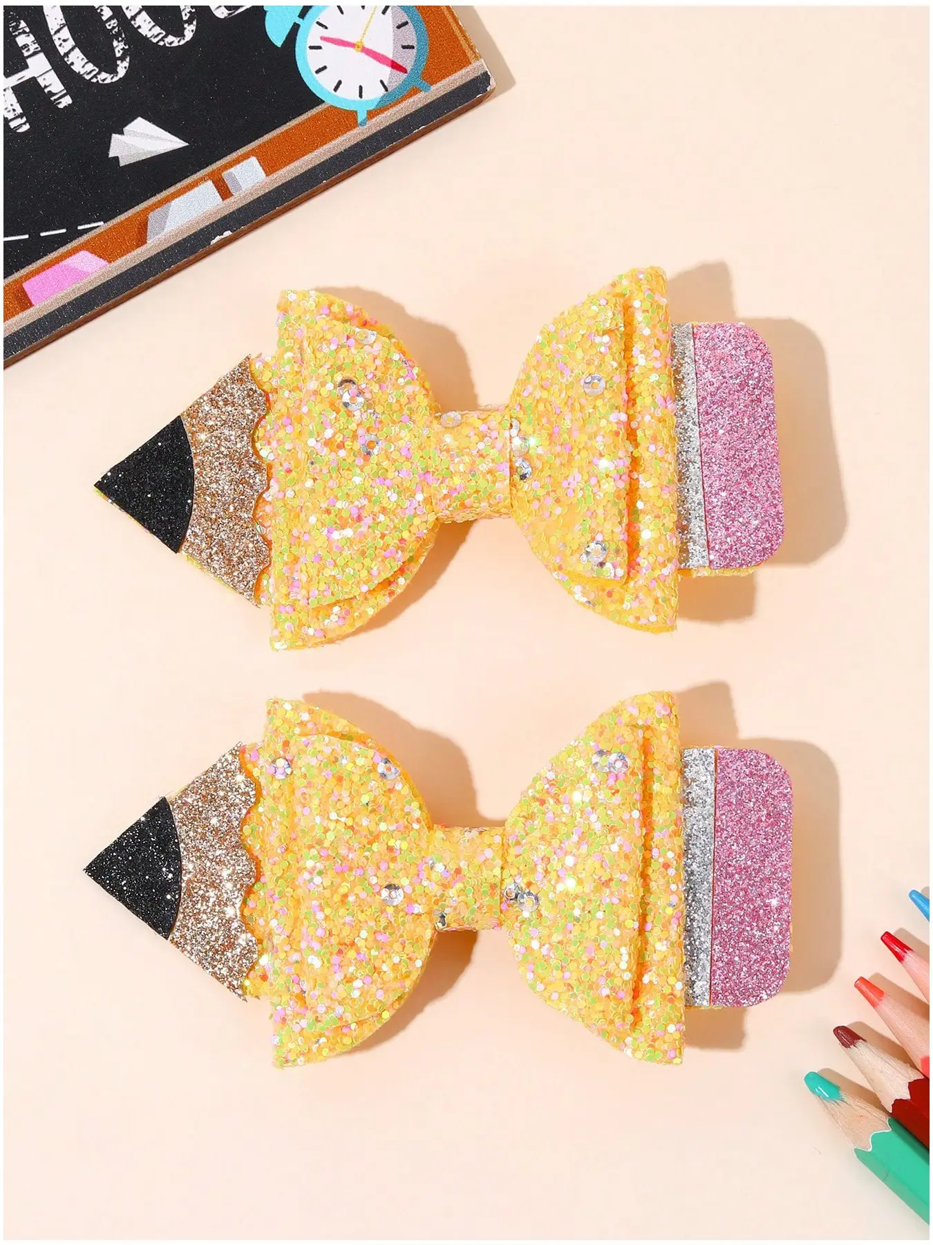 2pcs Graduation Glitter Hair Bow Set for Girls, Colorful Pencil Shaped Hair Clips, Cute Back to School Accessories, Party & Teacher’s Day Gift