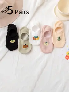5 Pairs Women's Invisible Socks, Summer Lightweight Low-Cut Crew Socks, Non-Slip Comfortable Breathable Sweat-Absorbing, Fresh Fruit Print