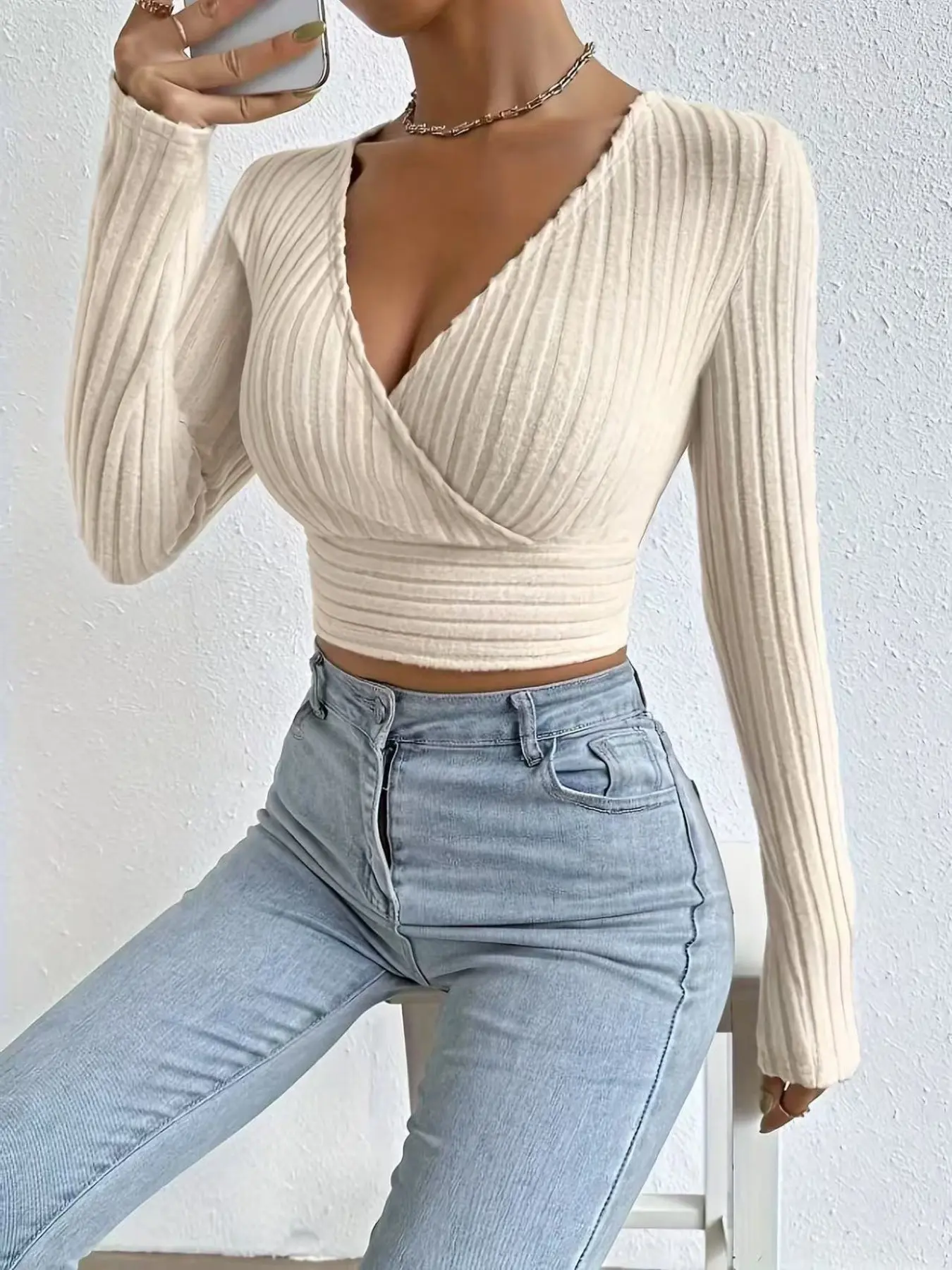 Sexy V-Neck Cross Front Bodycon Short Knit Top, Ruched Slim Fit Waist Reveal Long Sleeve Base Layer Tee, Slimming Tight T-Shirt