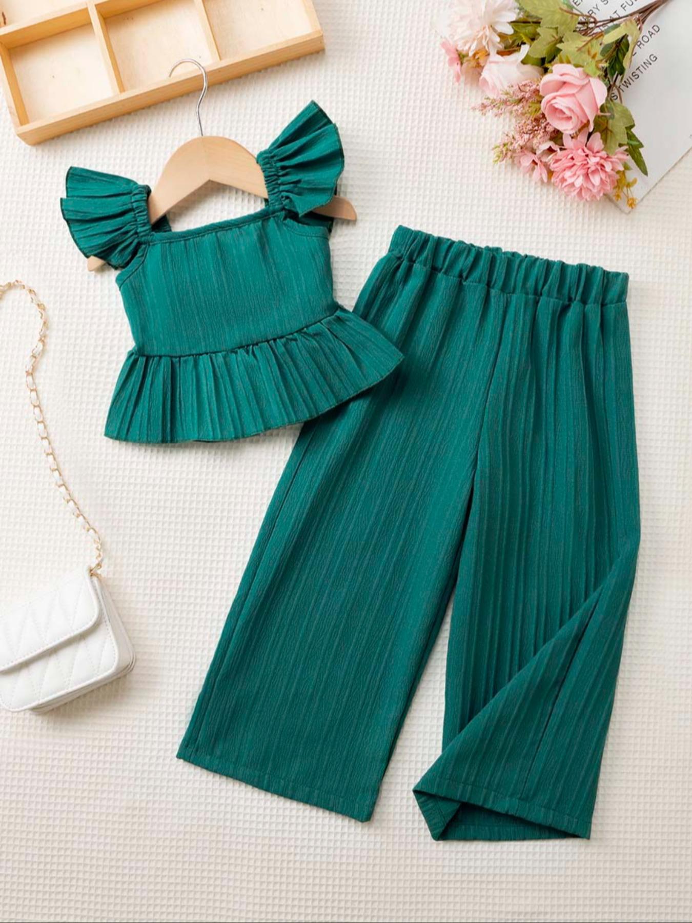 Two-Piece Set Toddler Girl's Solid Ruffle Trim Top & Wide Leg Pants Set, Casual Elegant Square Neck Top & Trousers for Daily Outdoor Wear, Kids Clothes for Summer, Fashion Style Sets