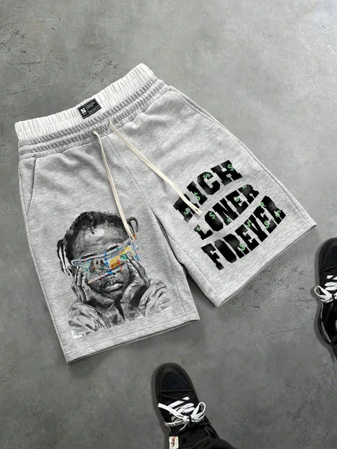 Men's Graphic Shorts, Loose-Fitting Streetwear, Drawstring Waist, Rich Lonner Forever Print, Summer Skateboard Campus Festival Wear, Casual Board Shorts