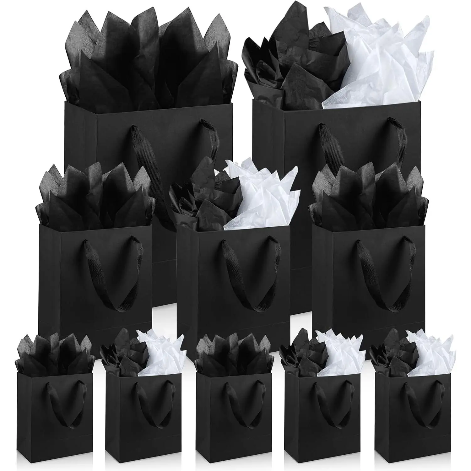 Assorted Sizes Black Gift Bags with Ribbon Handles Kraft Paper Shopping Bags with Tissue Paper for Party Business Wedding Birthday Graduation Fathers Day (Black 6, 9 , 12.6 Inches, 6 Inches, 9 Inches, 12.6 Inches)
