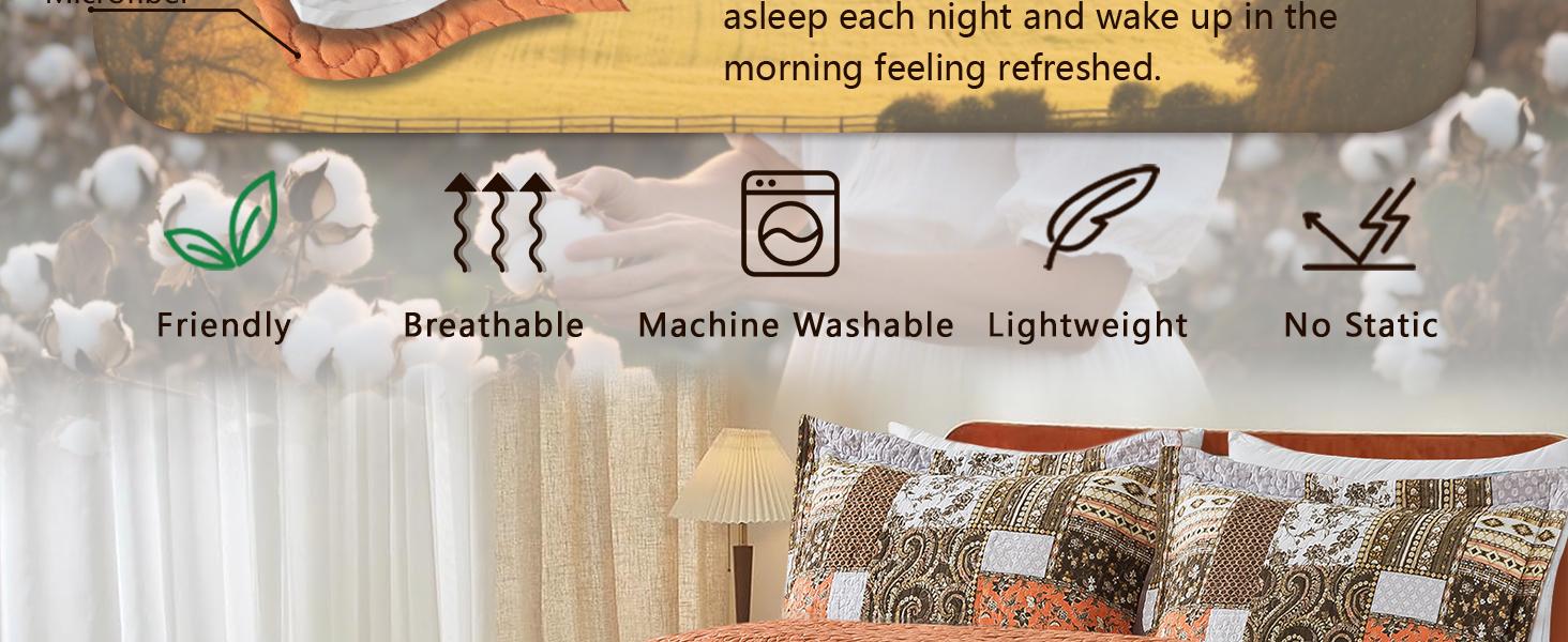 Cotton King Size for Farmhouse- Fall Patchwork Bedspread Set --Woven Soft Reversible King Size Bed Spread for All (Floral Orange) 3 Pieces