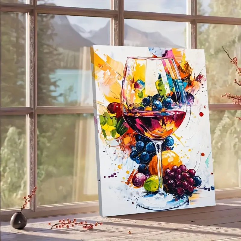 2D Flat, 1 Pack Framed Canvas Wall Art - Colorful Splash Ink Grape And Berry Wine Glass. High Definition Inkjet Printed On Premium Canvas, Ready-To-Hang Home Decor Suitable For Living Room, Bedroom And Office. Unique Gift Idea, Bedroom Artwork, Wrapped Fr
