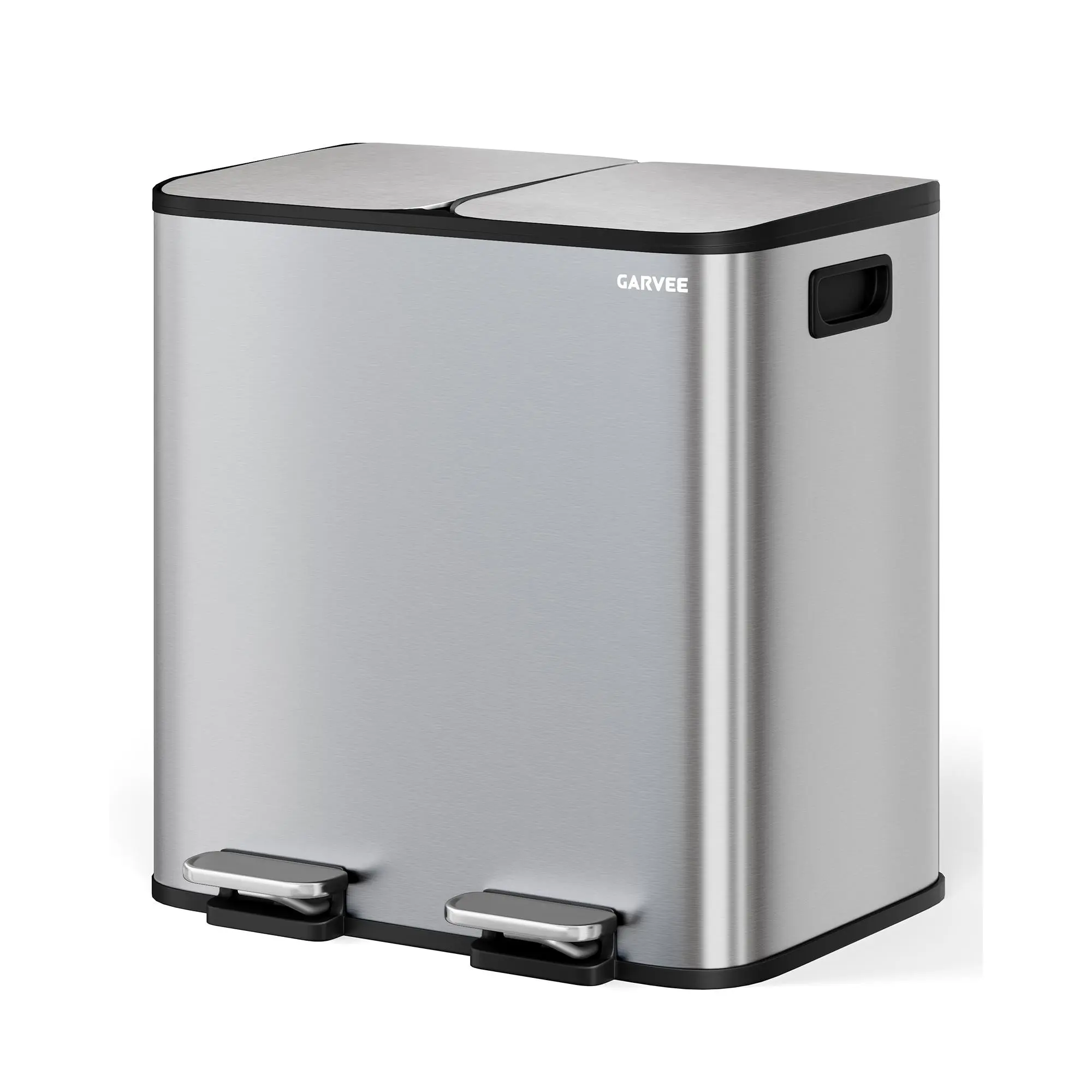 Garvee Modern 30L Stainless Steel Step-Pedal Kitchen Trash Can - Dual 15L Compartments Recycling Organizer, Odor-Sealing Soft-Close Lid, Removable Plastic Inner Buckets with ABS Functionality for Home Cleaning, Craft Room, Laundry Use, Trash Storage Can,