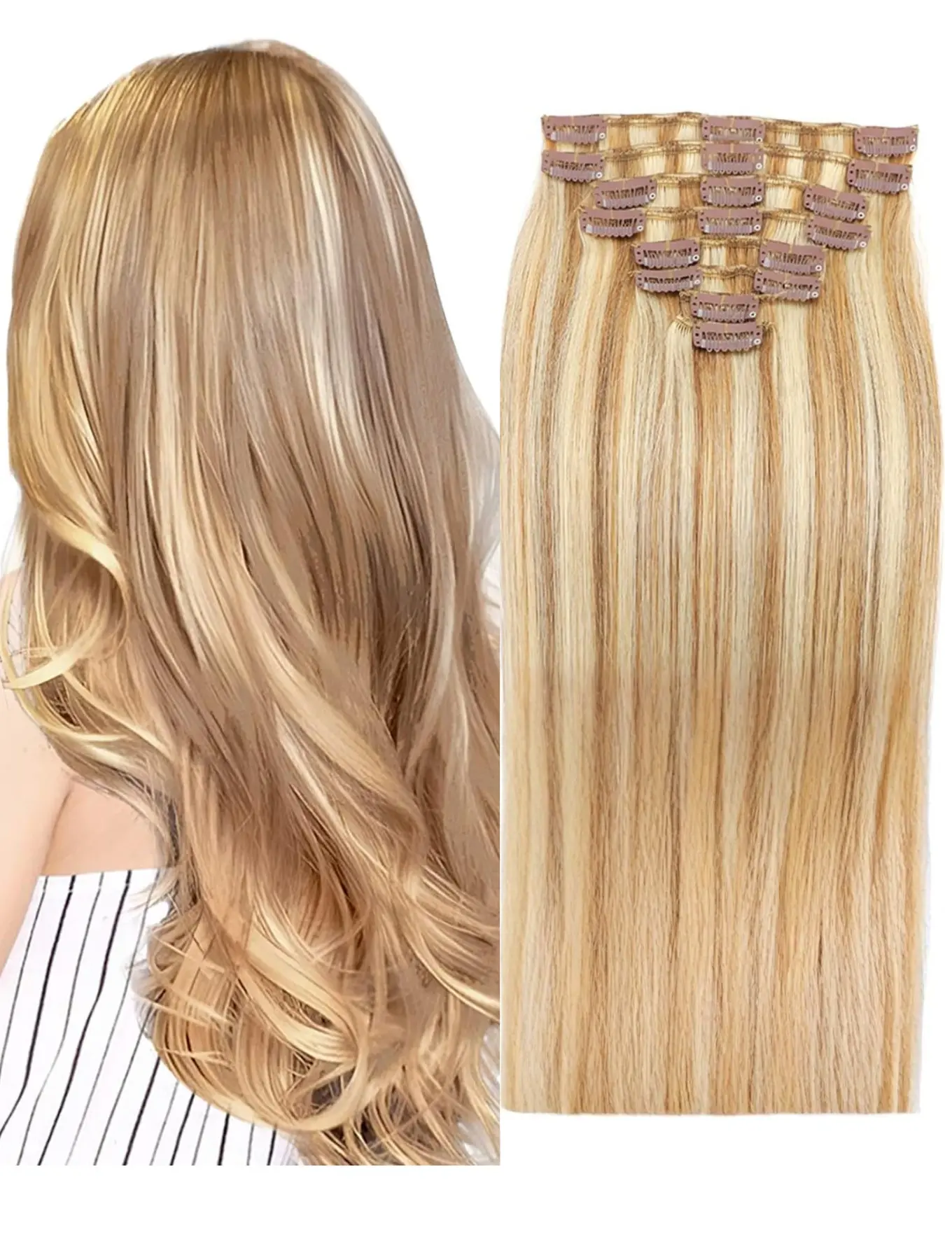 Real Human Hair Extension Clips Set, 12-24 Inches, 18/613#，Invisible Clip-In Extensions, Natural Look, Easy to Wear, Suitable for Various Occasions