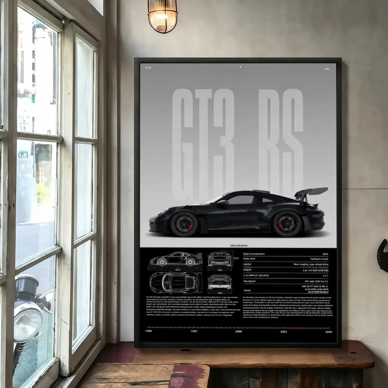 High-Performance GT3 RS Specification Framed Canvas Wall Art, Decorative Vehicle-Themed Artwork for Garage & Living Room, Stylish Room Decor Ornaments for Home Decoration