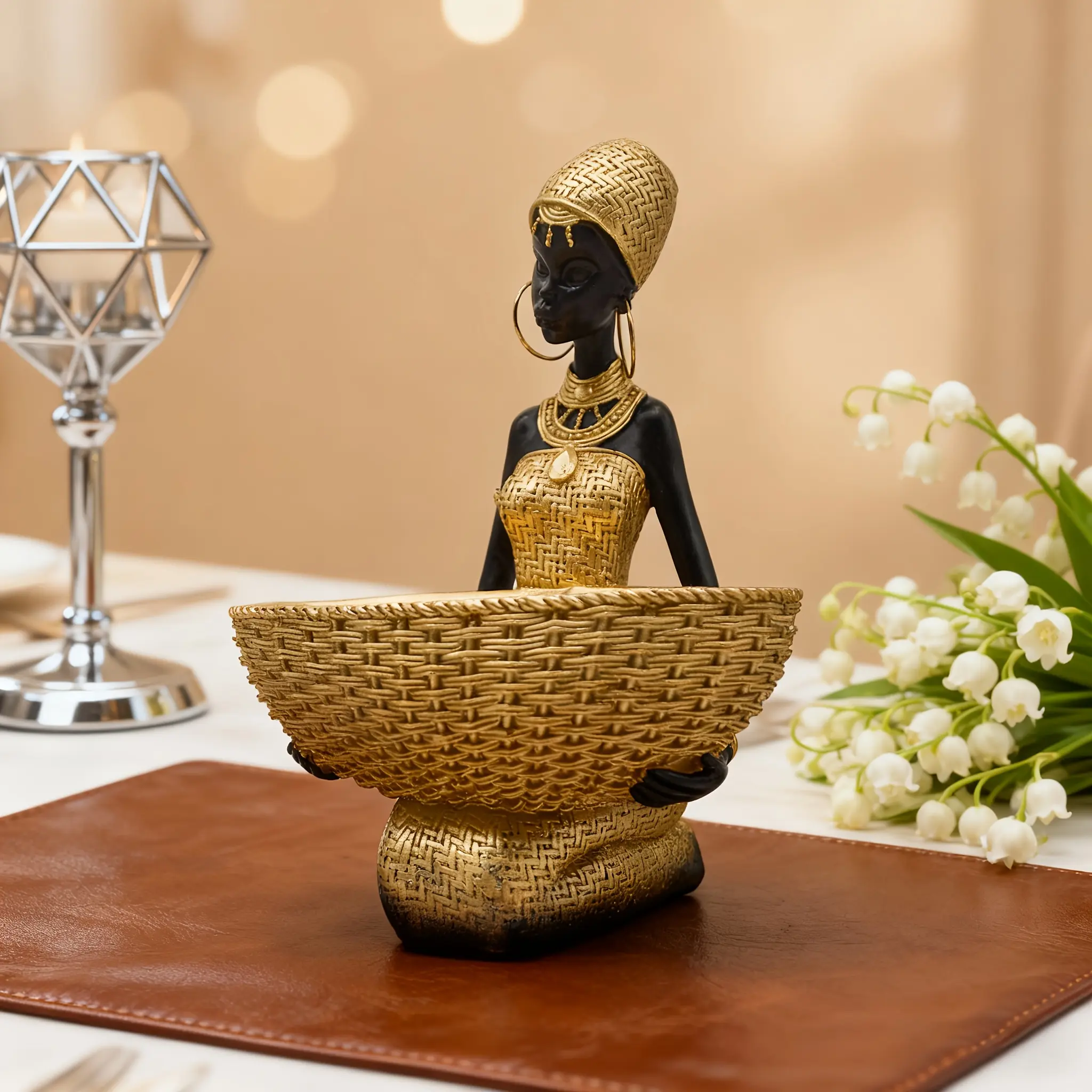 African-style Lady Statue with Tray, Polyresin Craft Home Decor Ornament, Art Figurine