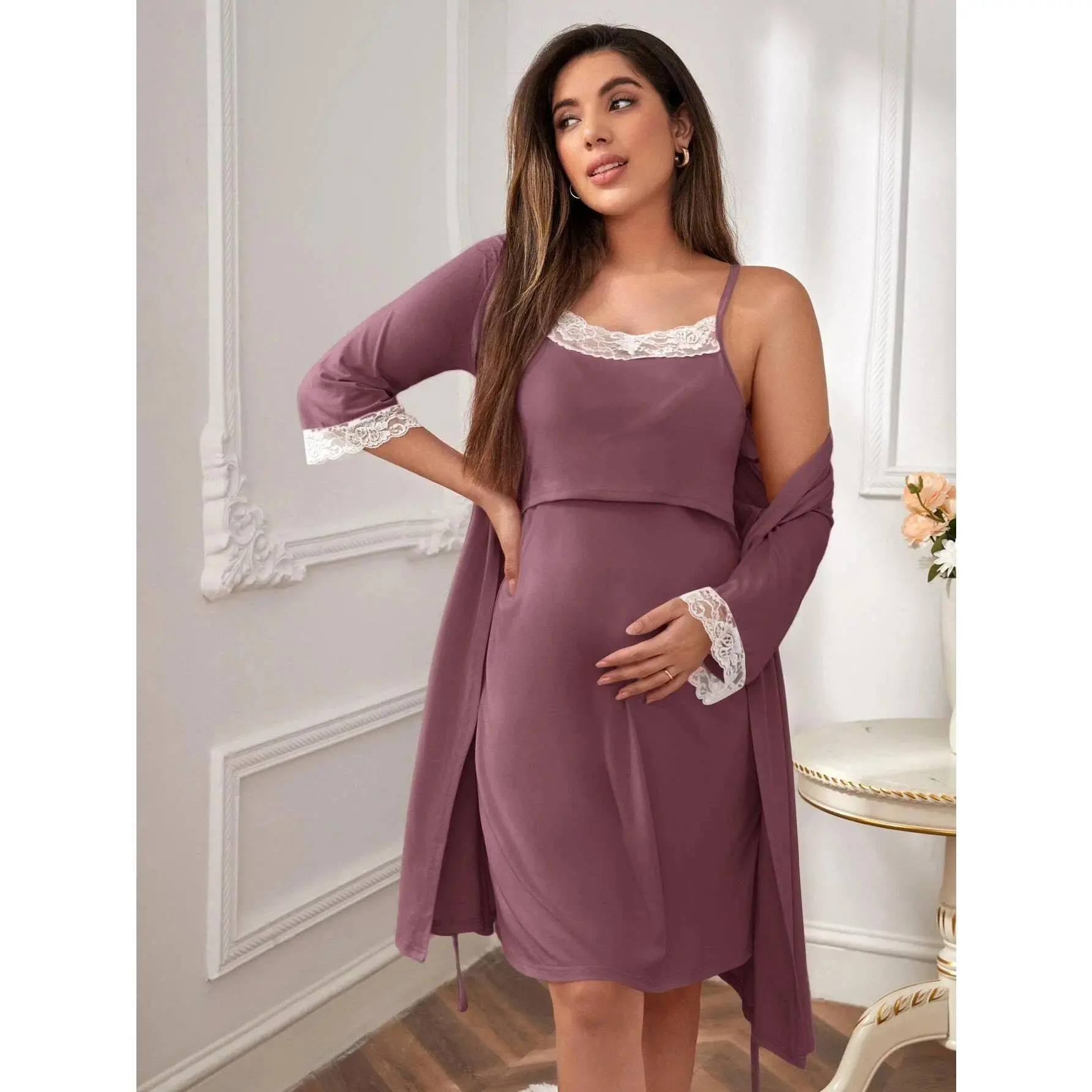 Pregnancy clothesTwo-piece maternity wear, summer casual purple slip nightdress, sporty stretch,  loose wrap dress, loungewear maternity outfit