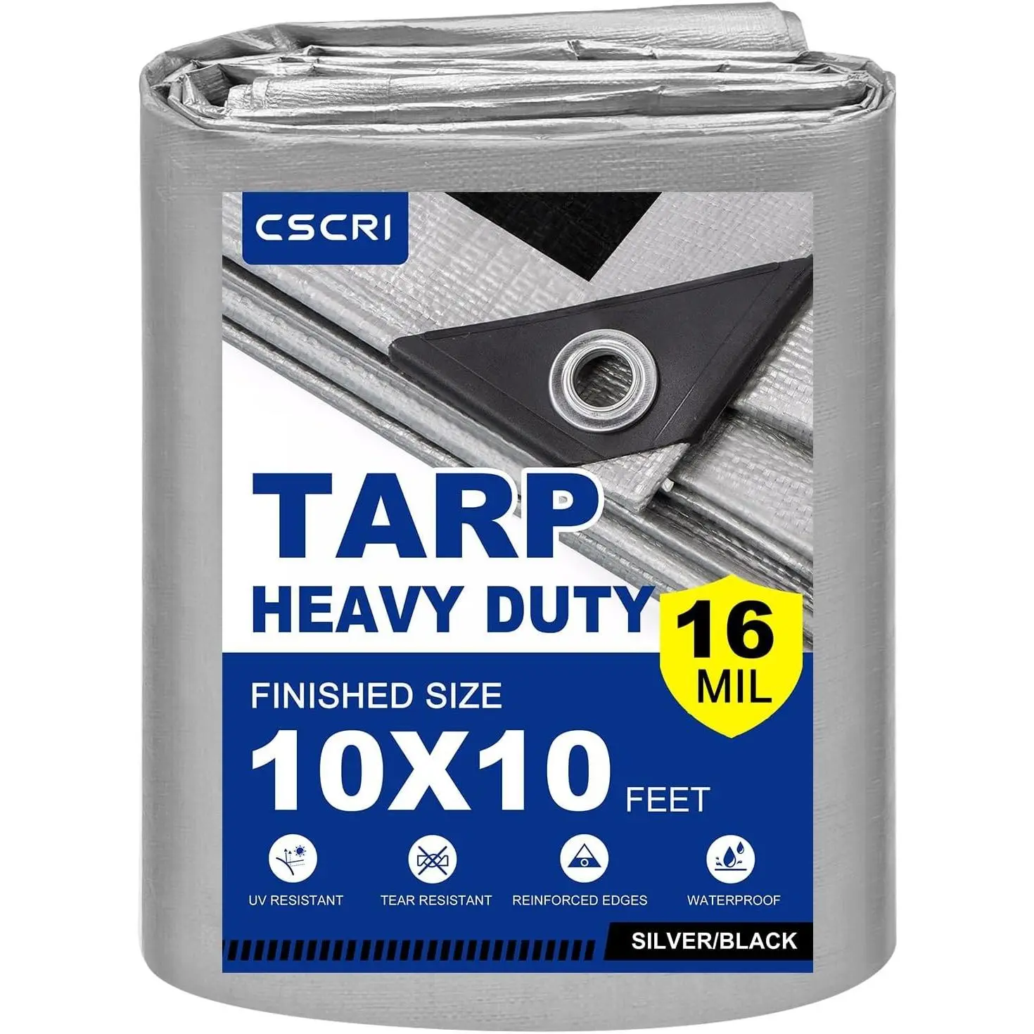 16Mil Finished Size 10x10 Tarp Heavy Duty Waterproof Large Outdoor Multiprotective Cover (Silver/Black)
