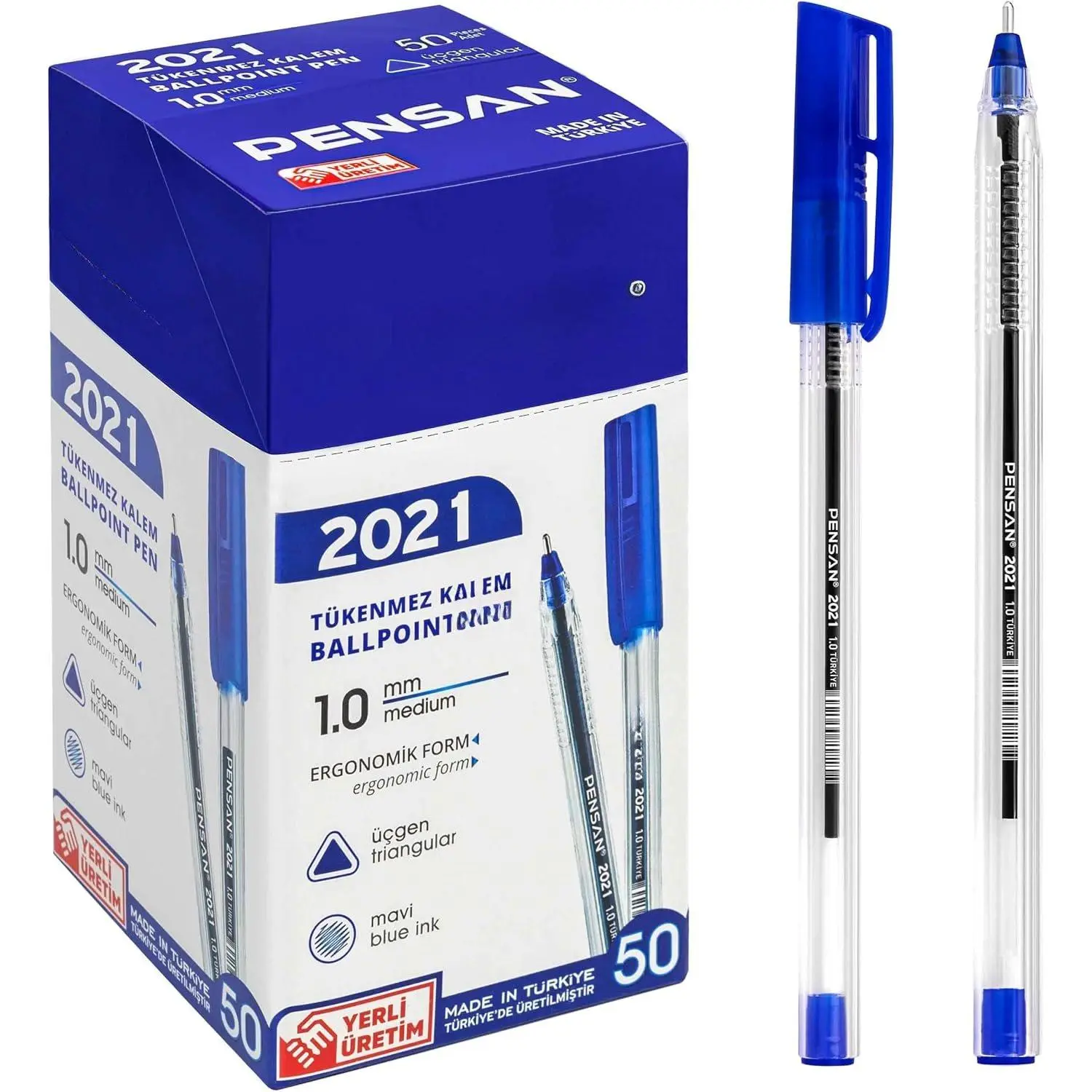 1.0mm Medium Point Blue Ballpoint Pens with Triangle Grip, Transparent Bar, Quick-Dry Ink, 50-Count Bulk Packs for School/Office (Computers & Office Stationery Supplies)
