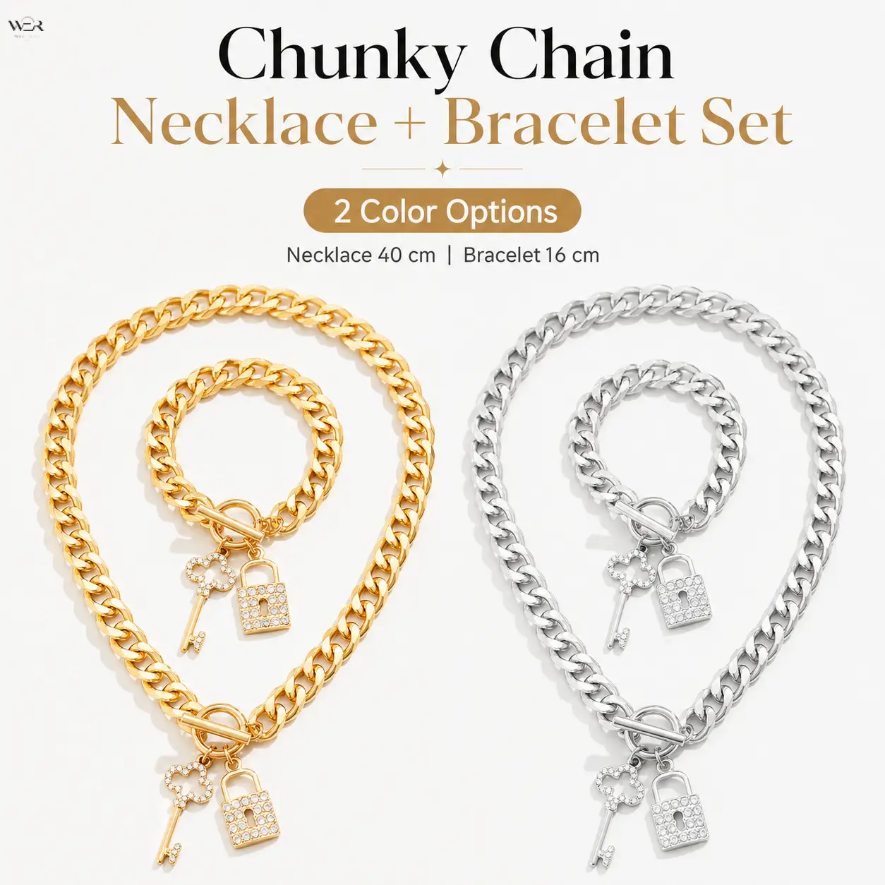 Women's 2-Piece Chunky Jewelry Set, Polished Alloy Curb Link Necklace and Bracelet with Crystal Hearts Lock & Key Charms, Toggle Clasp for Daily Streetwear, Chunky Chains