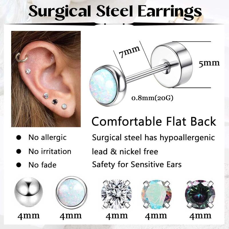 8Pairs Surgical Steel Flat Back Earrings for Sensitive  Hypoallergenic 20G Stainless Steel Stud Hoop Earrings for Women Men Small Opal Ball CZ Cartilage Earrings Hoop Stud Flatbackearrings Fashionable Jewelry Accessories Vvs Moissanite Ear Hook Design