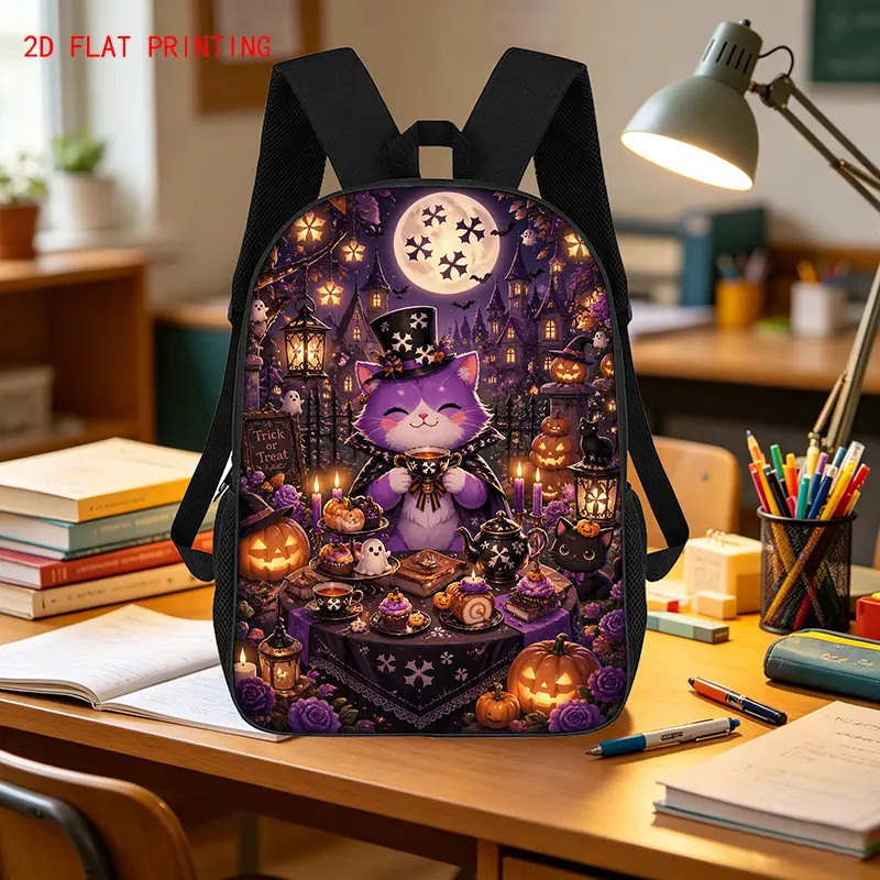 A versatile backpack featuring a "Magical Halloween Tea Party by Moonlight" design; crafted from thickened, wear-resistant fabric, it is lightweight yet spacious, with adjustable shoulder straps and a secure zipper closure—ideal for students and daily com