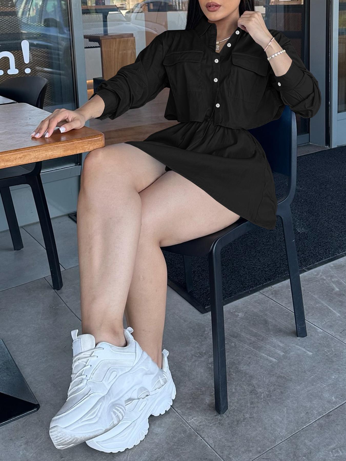 Two-piece Set Women's Solid Button Front Fitted Crop Shirt & Elastic Waist Flared Skirt, Casual Drop Shoulder Long Sleeve Top & High Waist Skirt for Daily Wear, Ladies Two-piece Outfits for All Seasons, Birthday Dresses 2024