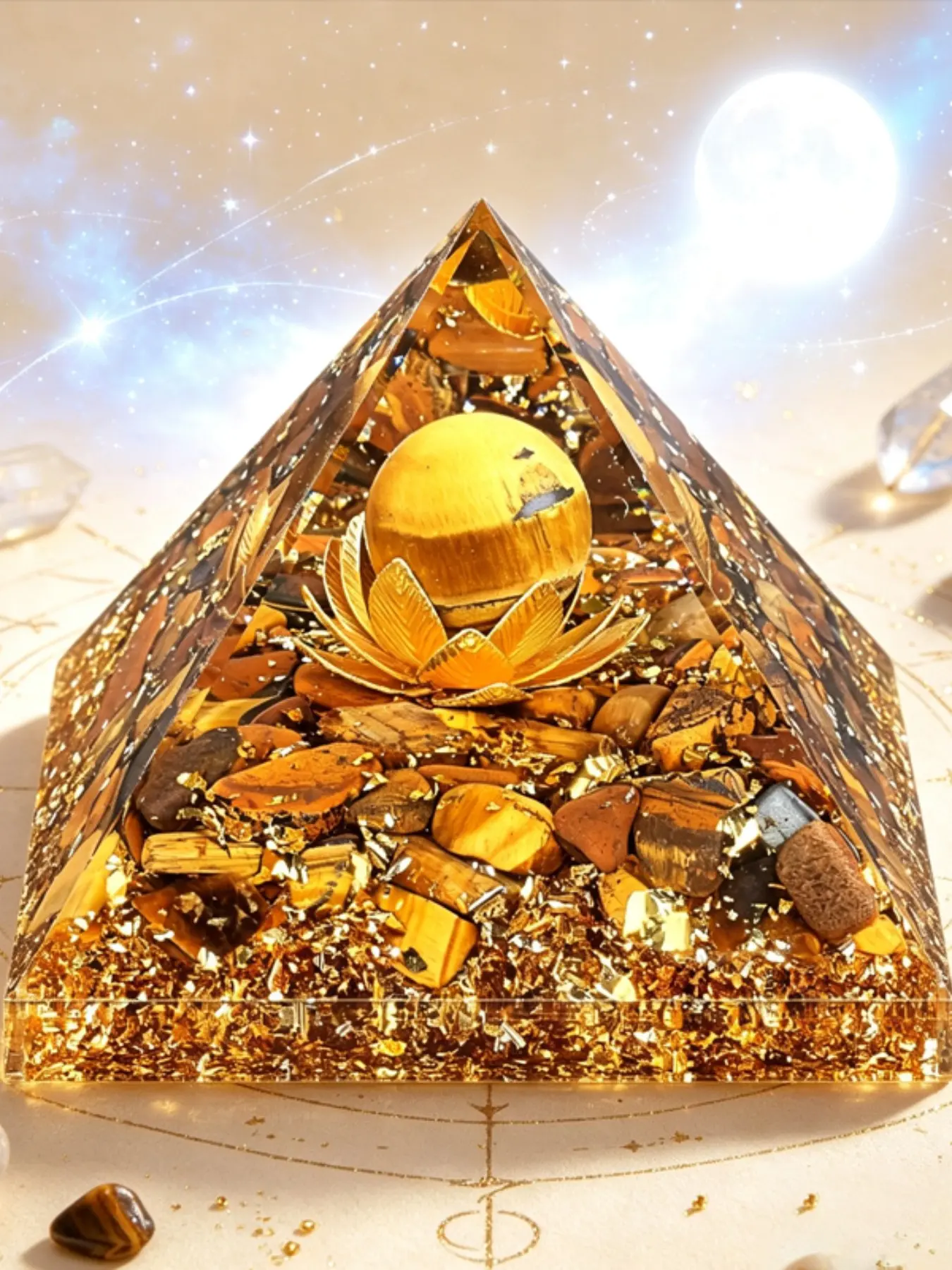 1pc Natural Crystal Pyramid Desk Statue, Tiger Eye Amethyst Orgone Lotus Pyramid, Home Decor, Creative Gift, Yoga Meditation Resin Pyramid