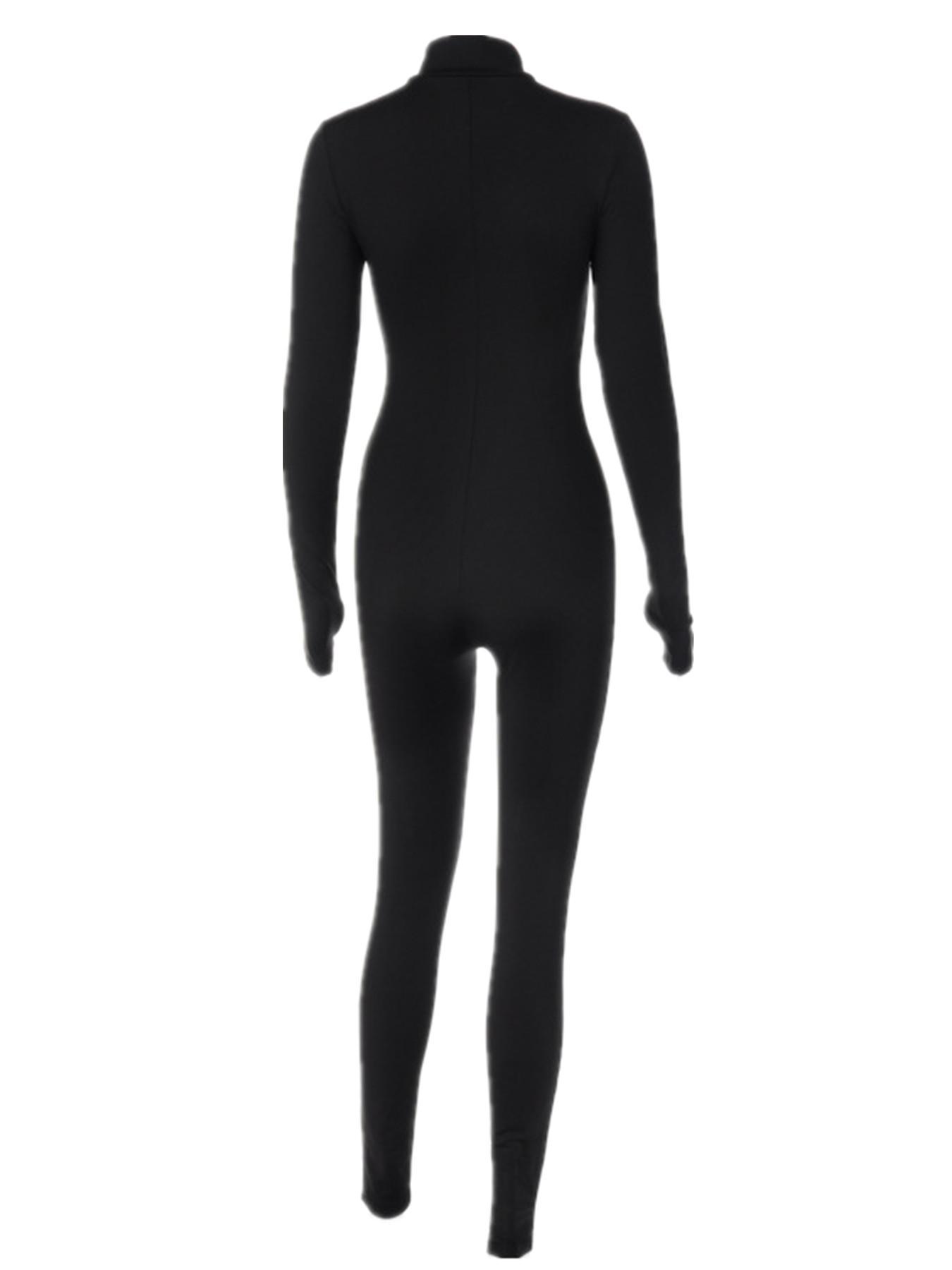 Women's Solid Zip Up Thumb Hole Design Bodysuit, Slim Fit Casual Basic Long Sleeve Stand Collar Bodycon Bodysuit, Zipper Corset Bodysuit for Fall & Winter, Women's Clothes for Daily Wear, Longsleeves Womenswear