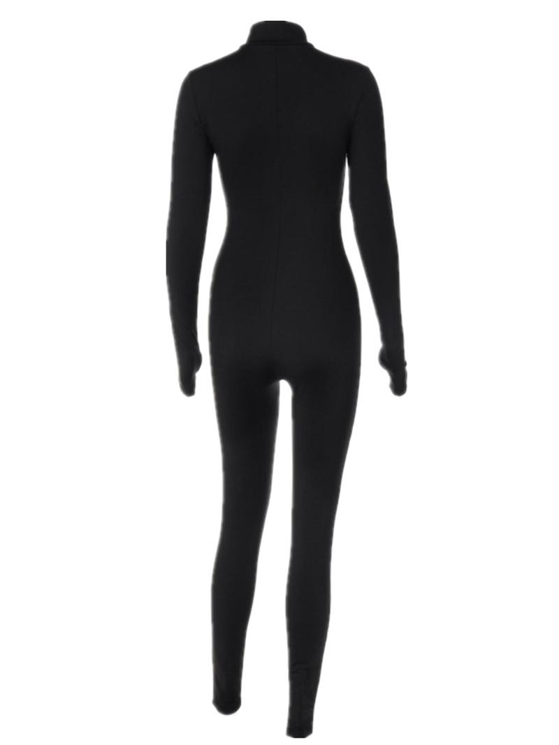 Women's Solid Zip Up Thumb Hole Design Bodysuit, Slim Fit Casual Basic Long Sleeve Stand Collar Bodycon Bodysuit for Fall & Winter, Women's Clothes for Daily Wear, Longsleeves Womenswear