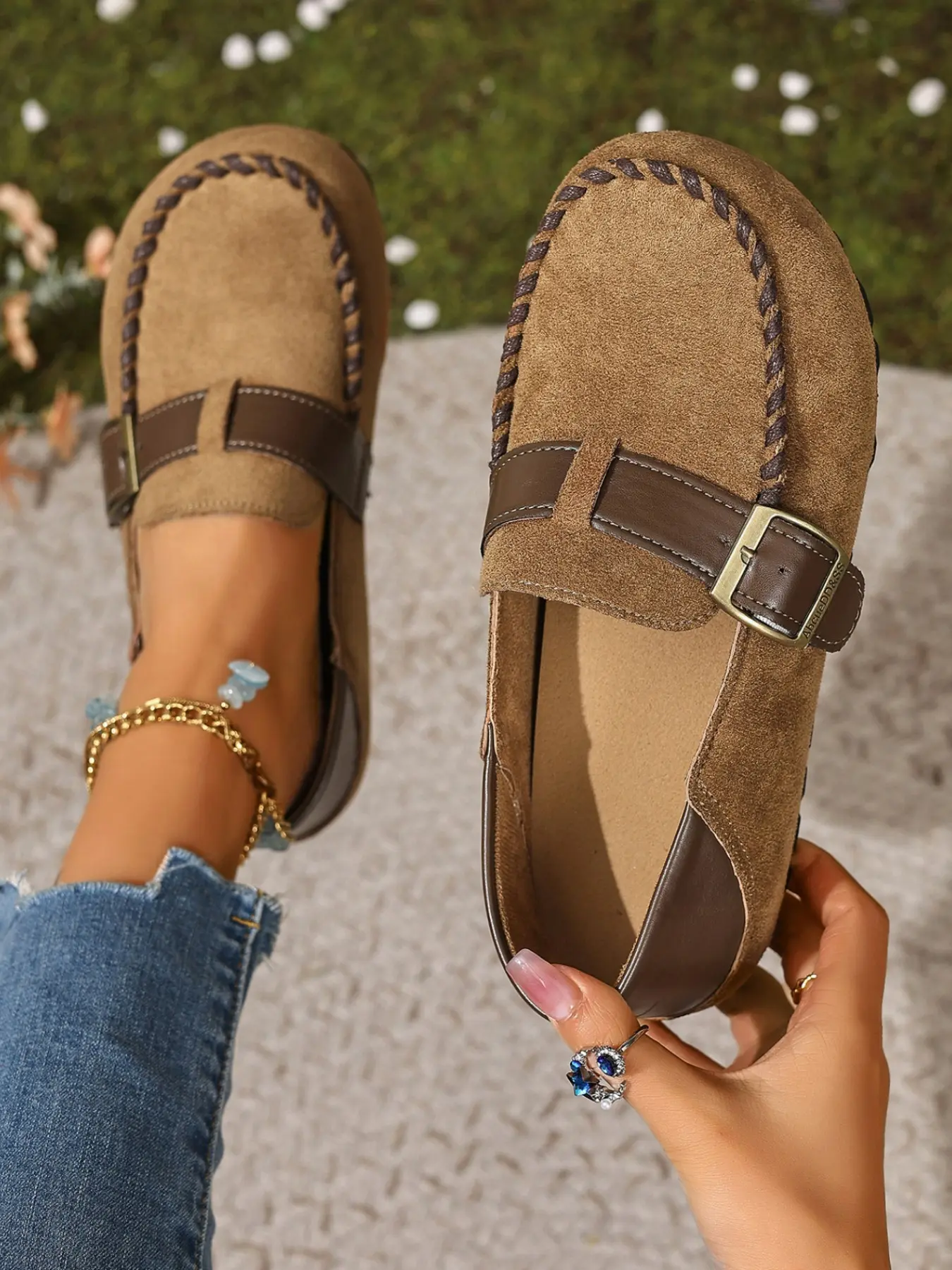 American Vintage Casual Deer Skin Look Mules, Adjustable Buckle, Comfortable Flat Shoes, Lightweight Anti-Slip, Spring & Fall