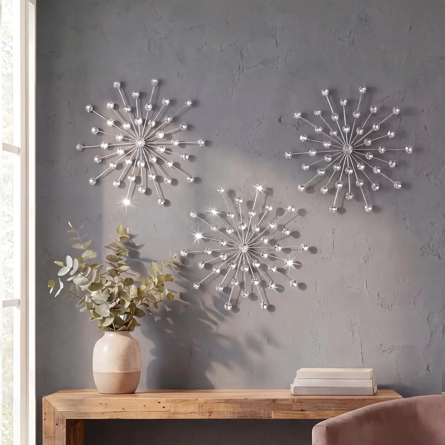 3 Set Silver Starburst Wall Art for Home Decor Metal Bling Crystal Rhinestones Sunburst Wall Decor Sparkling Rhinestone Art Accent Silver - 13in