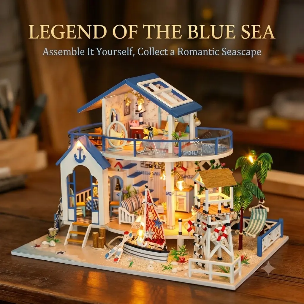 Legend of The Blue Sea DIY Book Nook Kit, 3D Wooden Miniature Coastal House, Bookshelf Insert Home Decor, Desktop Ornament Craft Gift for Adults 14+