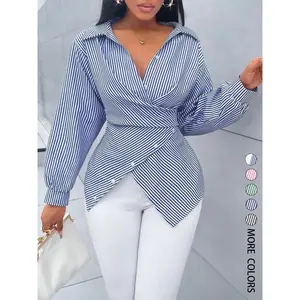 18ACTIVEKITWomen's striped printed button down casual shirt, asymmetrical hem, wrap up shirt, long sleeves, fit, elegant, suitable for daily commuting, wearing our clothes all year round