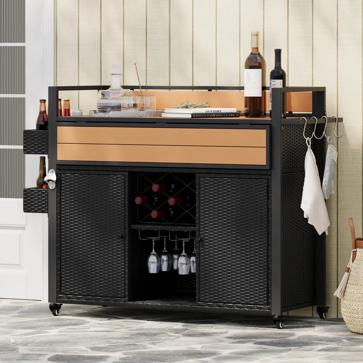 52.8"W Wicker Outdoor Grill Cart with Extended Plastic Wood Table Top, Rolling Kitchen Island on Wheels with Storage Cabinet, for Patio Backyard Garden Poolside, Double Handle Design, Black Brown