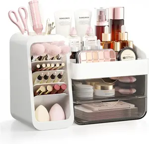 Makeup Organizer for with 5 Dividers & 2 Clear Drawers, Large Make Up Brush & Perfume Holder, Cosmetic Display Skincare for Countertop, Office, Pantry,