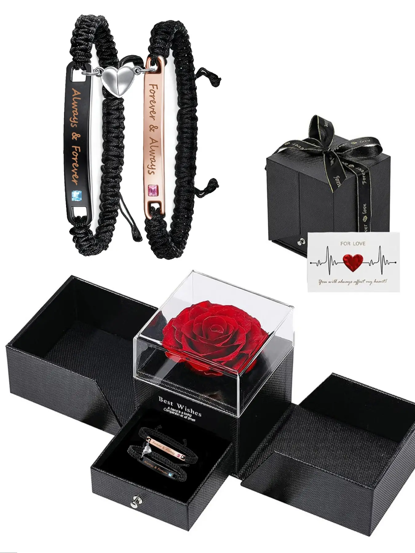 【Black Friday】Couples' Matching 2-Piece Bracelet Set with Heart Charms, Adjustable Braided Cord Bracelets for Daily Wear and Parties, Rose Gift Box Included, Christmas Gift