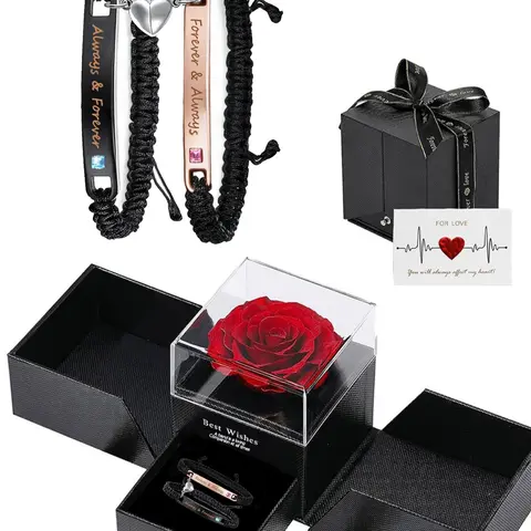 Couple Matching Heart-Shaped Bracelet Set with Rose Gift Box, Jewelry Gifts for Party, Daily Wear, Ideal Christmas Gift