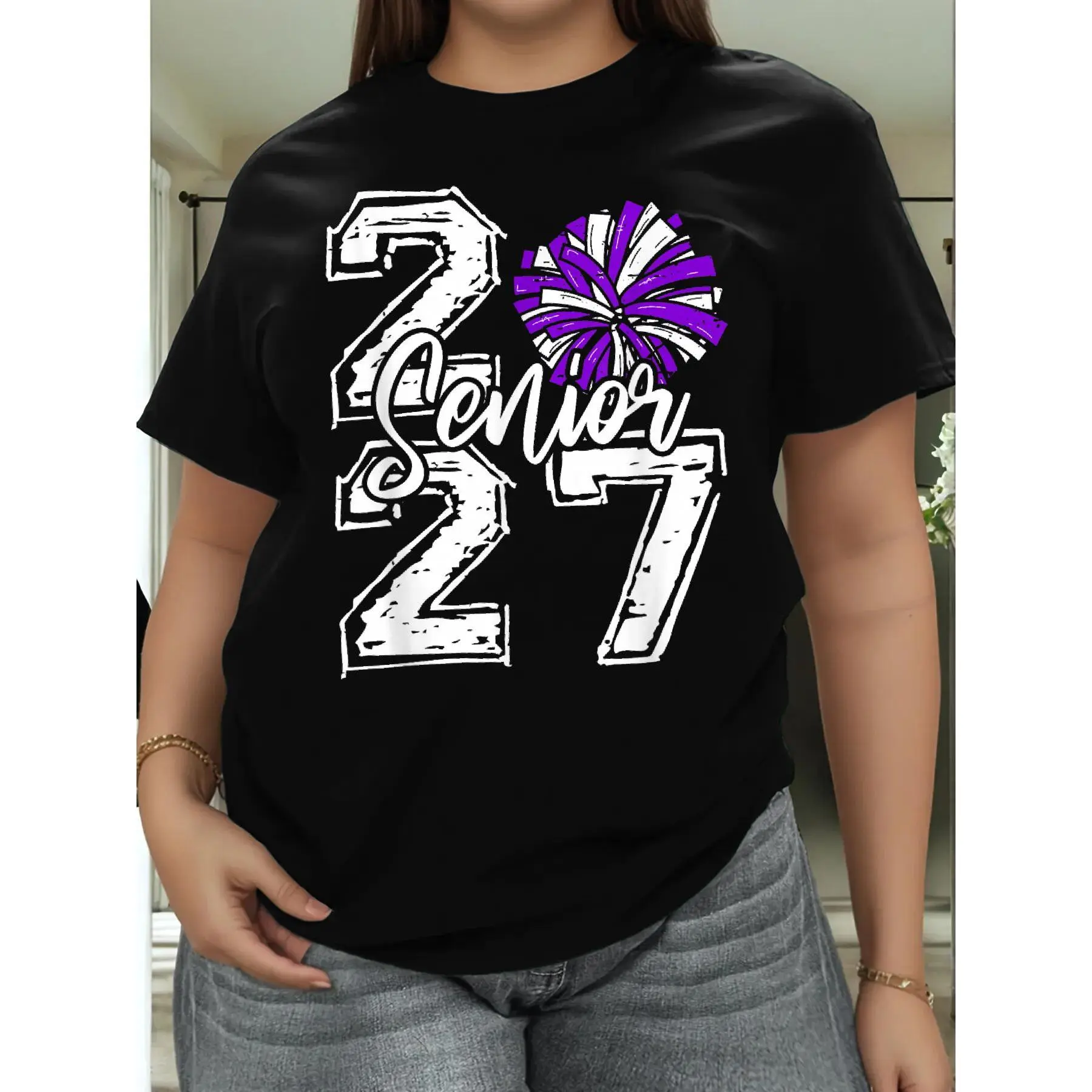Class of 2027 Cheer Purple Senior 2027 Back to School Funny Plus Size Women’s Cotton T-Shirt, Loose Fit Crew Neck Short Sleeve Tee, Soft Breathable Casual Summer Top for Everyday Wear