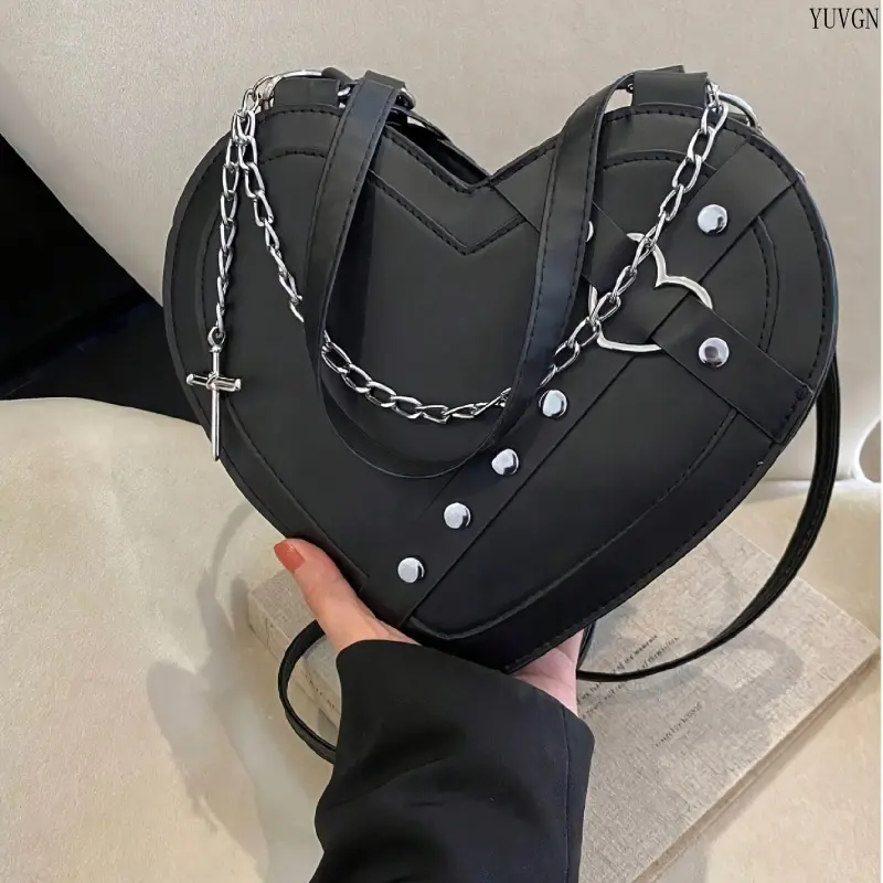 Gothic Y2K Punk Heart Shaped Crossbody Purse, Rivet Decor Adjustable Strap Shoulder Bag With Zipper Closure, Trendy Accessory Perfect For Music Festival Streetwear tiktokshopbacktoschool