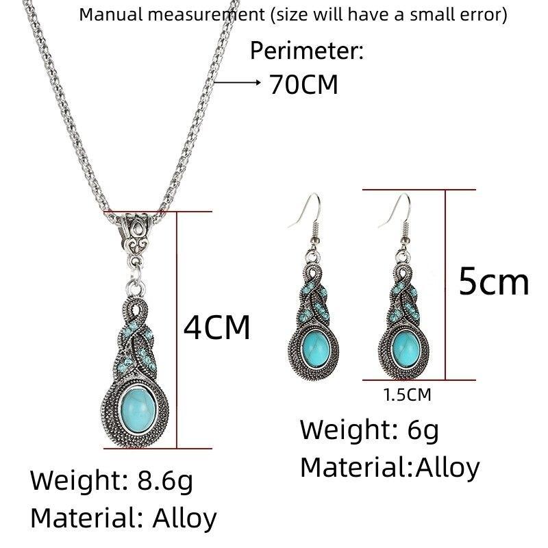 3pcs Necklace Earrings Set For Men And Women Vintage Style Blue Crystal Inlaid Turquoise Pendant With Lantern Chain Jewelry