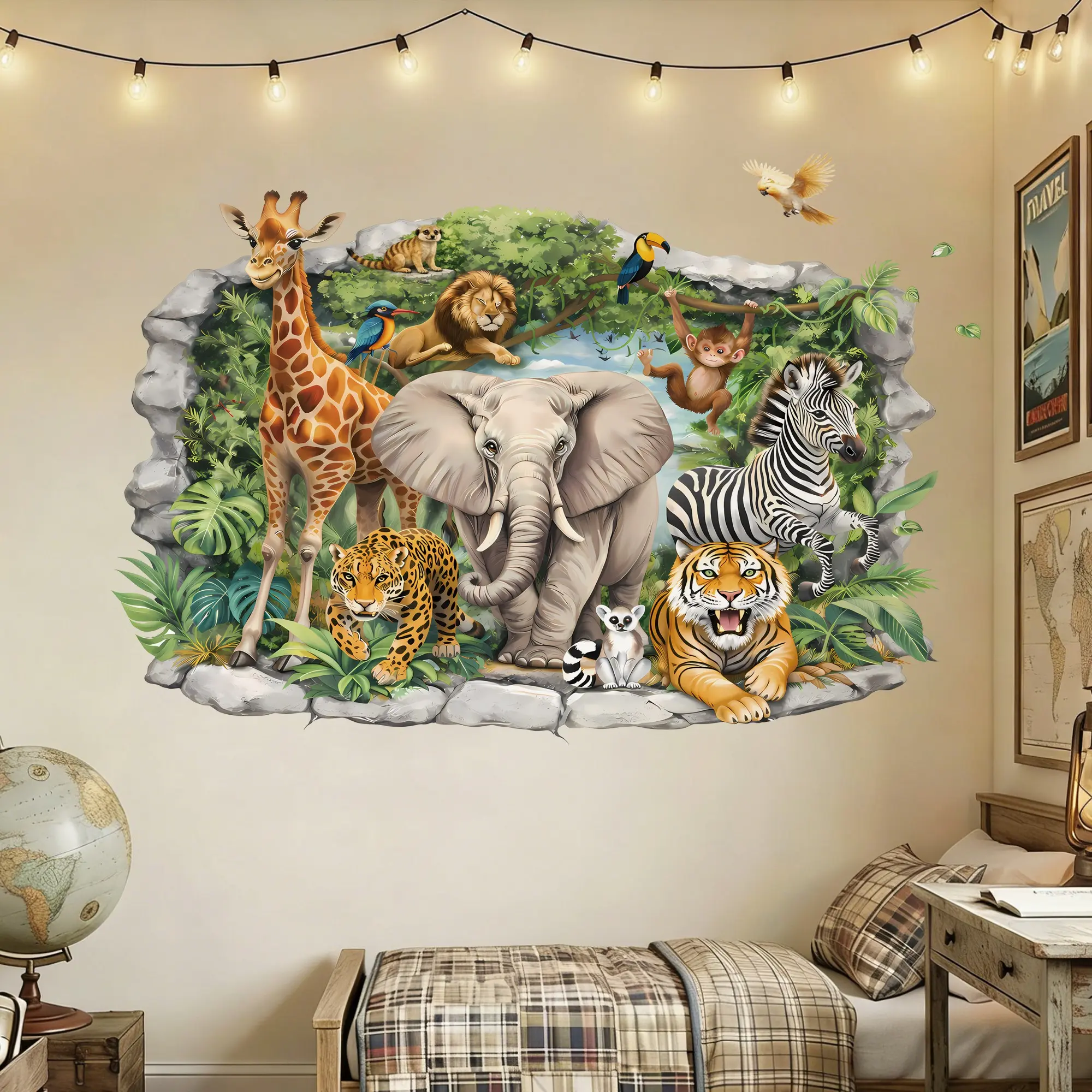 3D Broken Wall Decals, Safari Jungle Animals & Underwater Ocean Stickers, Peel and Stick Mural for Bedroom Playroom Decor