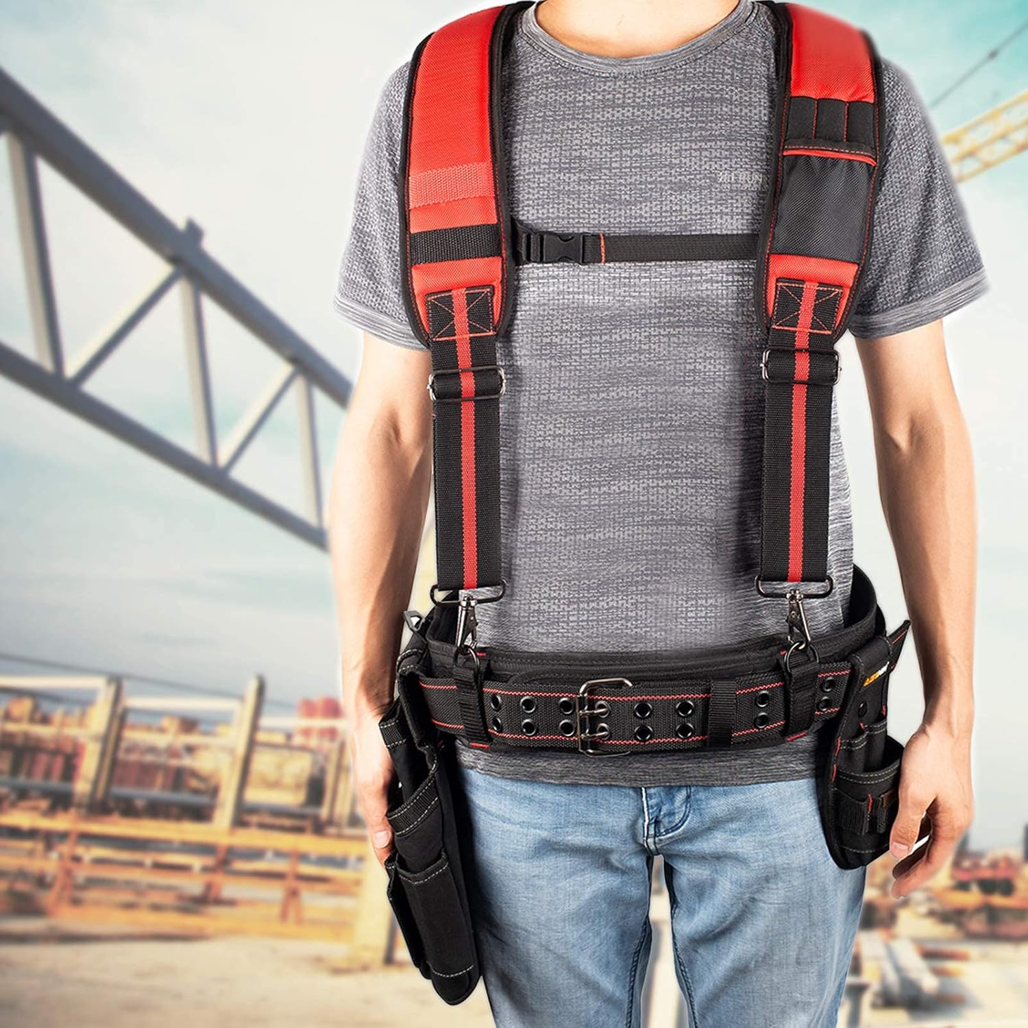 3 inch Padded Tool Belt Work Tool Belt for Heavy Duty Work (Red)