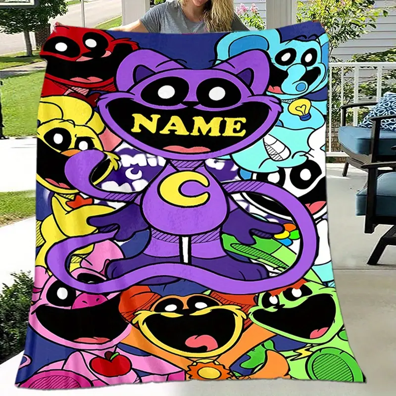 Cartoon All Season Soft Fleece Throw Blanket, Custom Name Poppy Playtime Catnap Main Character Collage Print Sofa Bed Nap Travel Camping Blanket, Colorful Horror Game Kids Decor Fluffy Blanket, Personalized Warm Gift Blanket For Poppy Playtime Game Fans