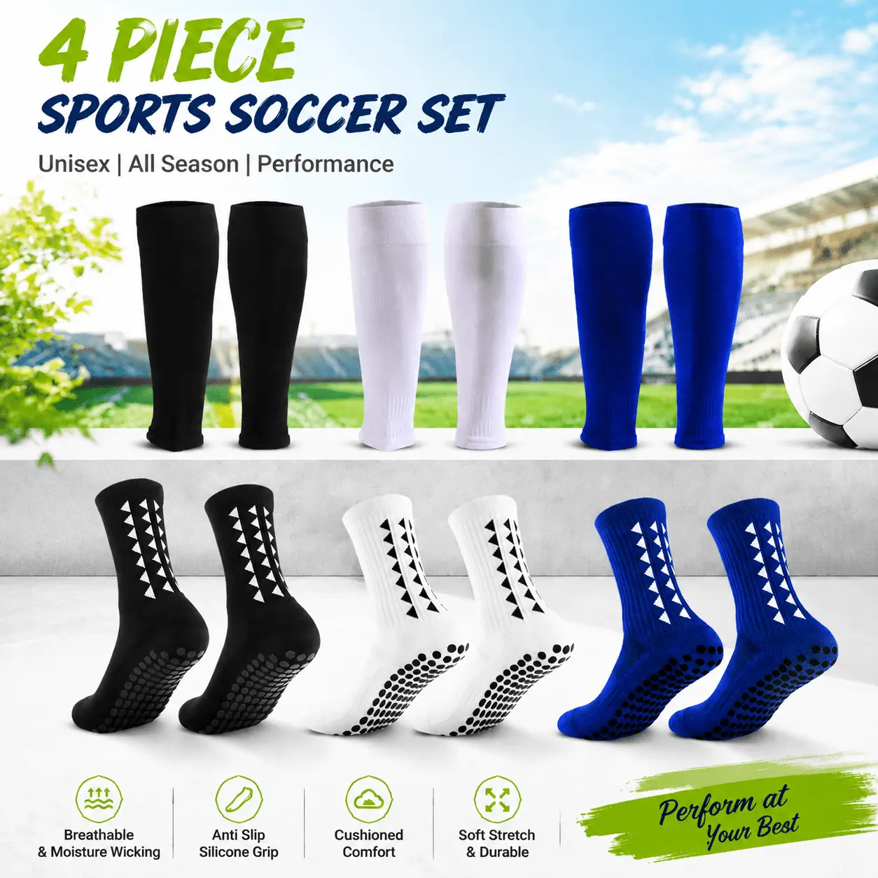 4pcs Men & Unisex Athletic Socks Suitable for Football, Basketball Training, Anti-Slip Silicone Grip Cushioned Mid-Calf, Breathable Moisture-Wicking Performance Socks for Running, Durable All-Season Gift for Athletes (Hand Washable)