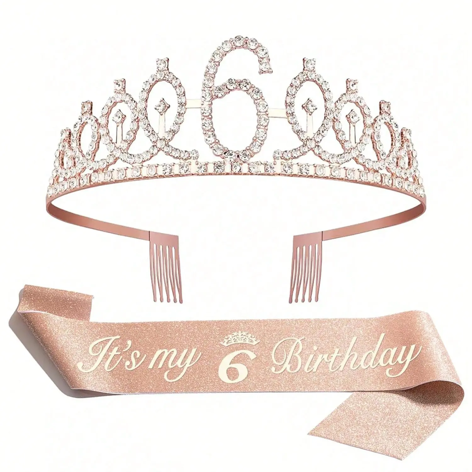 Rose Gold Birthday Crown & Sash Set, Shiny Satin Sash & Rhinestone Princess Crown, Decor Supplies for Girls Birthday Party, Birthday Crown And Sash
